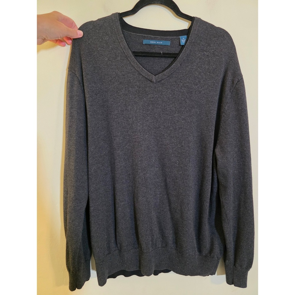 Perry Ellis Mens XL Charcoal Gray V-Neck Cotton Wool Blend Knit Sweater‎